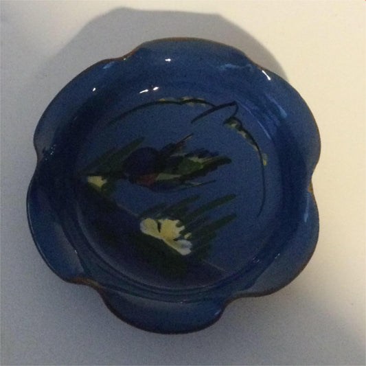 Blue Devon Ware Ashtray / Shallow Trinket Dish - Kingfisher Design - Made In Torquay - Fluted Wavy Edge