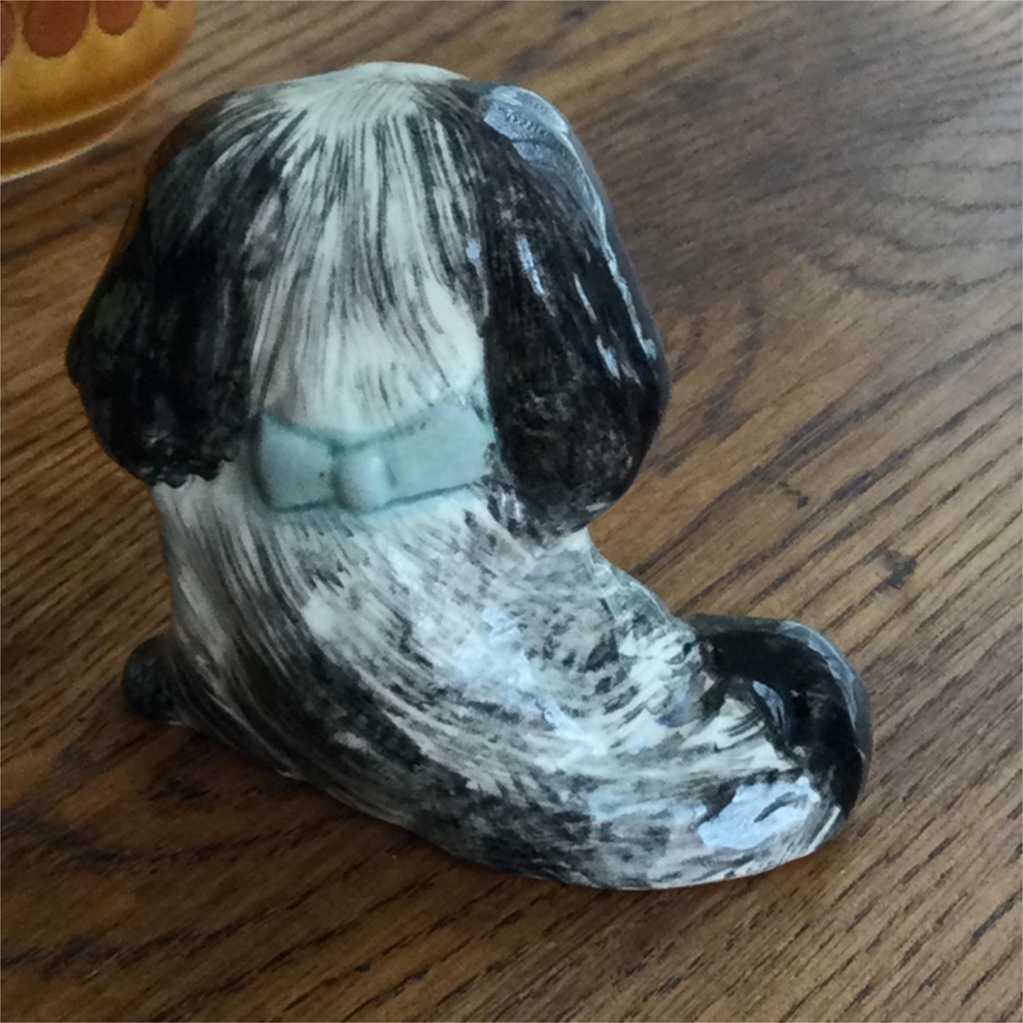 Cute Vintage black and white Pekingese dog retro kitsch pastel blue bow 7cm 50s 60s