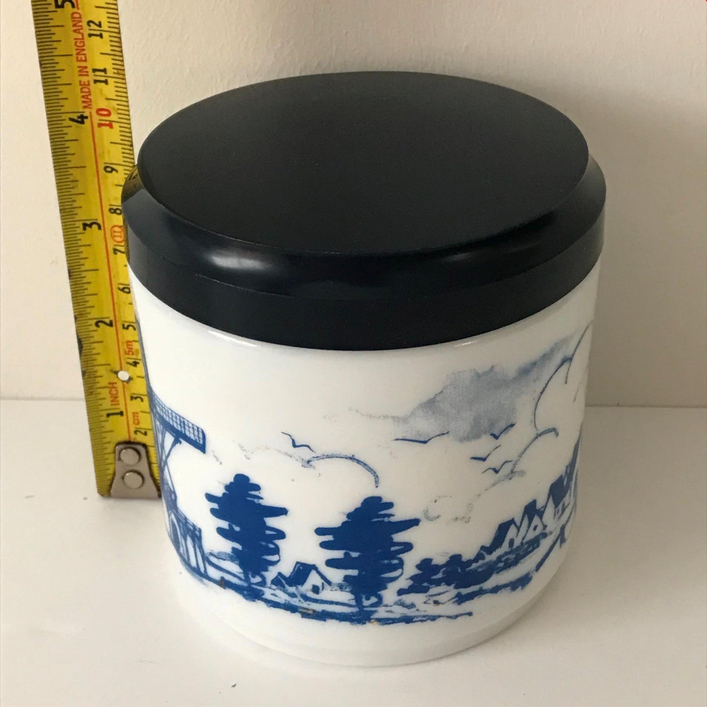 Vintage Opaline White Glass Dutch Delft Blue Storage Jar Canister Storage Jar. Windmill design.