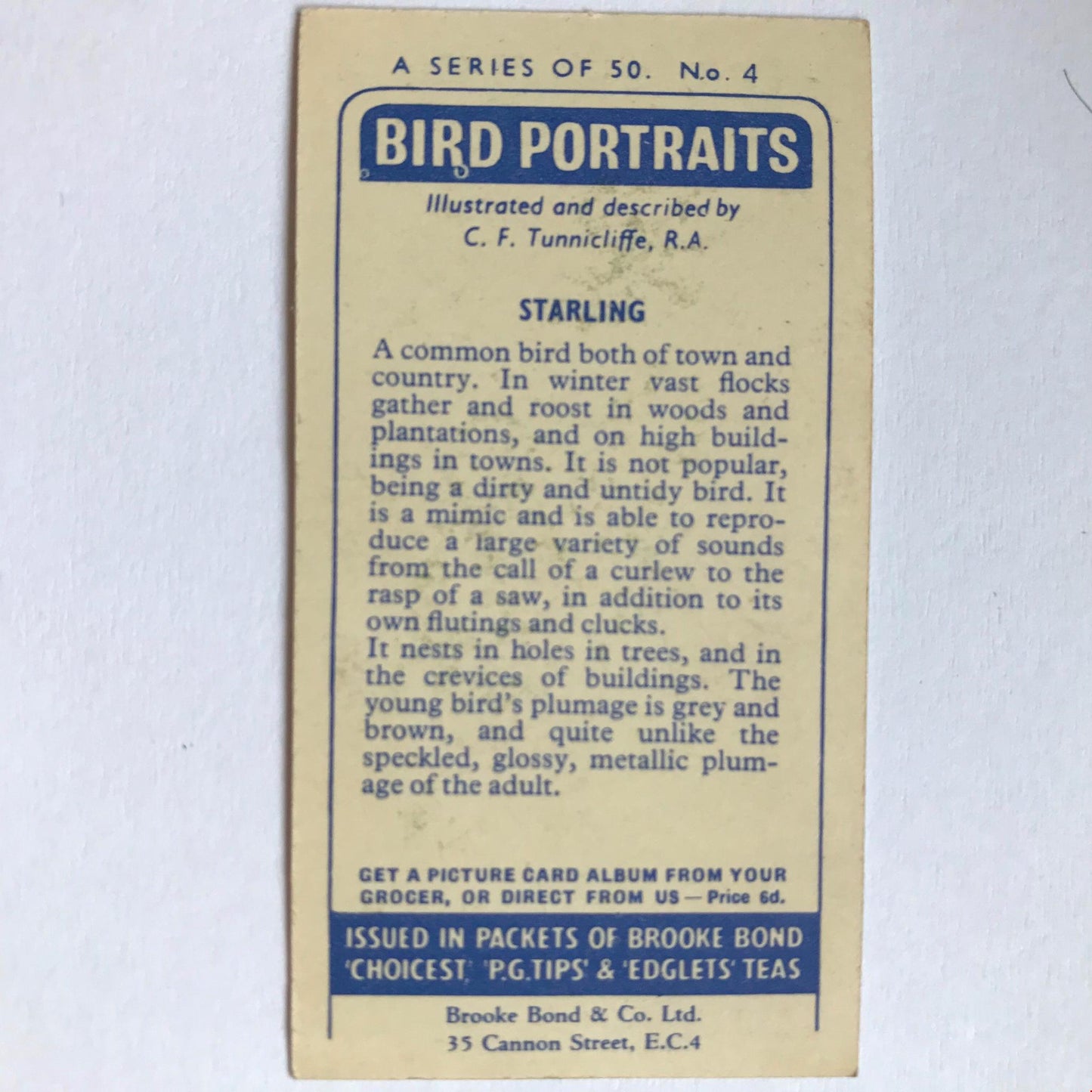BIRD PORTRAITS Brooke Bond Tea Cards Sold Individually - take your pick