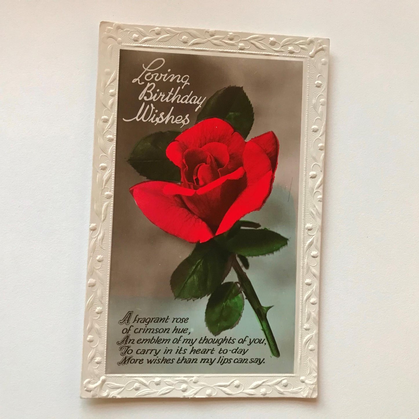 Vintage BIRTHDAY Greetings Postcard - Single Red Rose - Hand Tinted Photo - Nice Poem