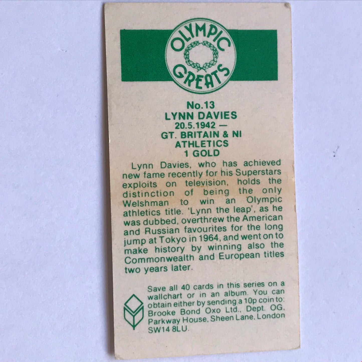 OLYMPICS Lynn Davies Brooke Bond Tea Card Olympic Greats Athletics welsh