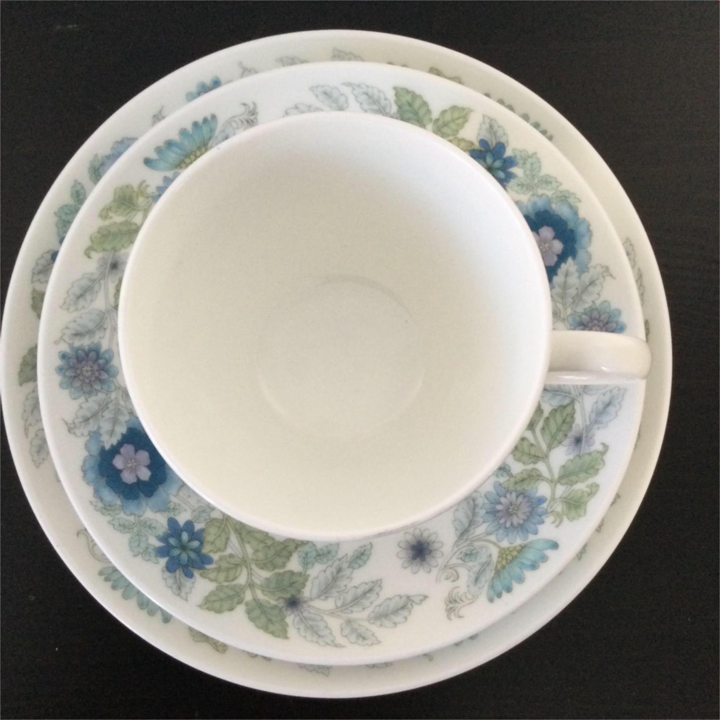 Tea Cup, Saucer & Plate trio 1970s 1980s Wedgwood Clementine blue white lilac green