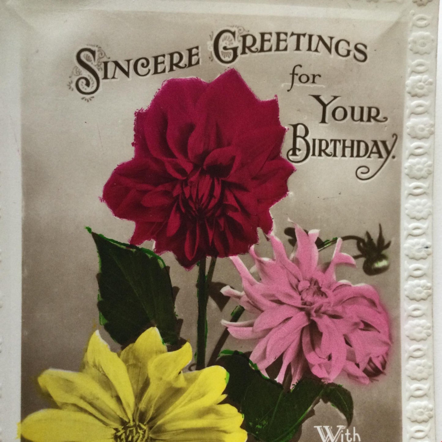 Vintage BIRTHDAY Greetings Postcard colourful flowers hand tinted sepia