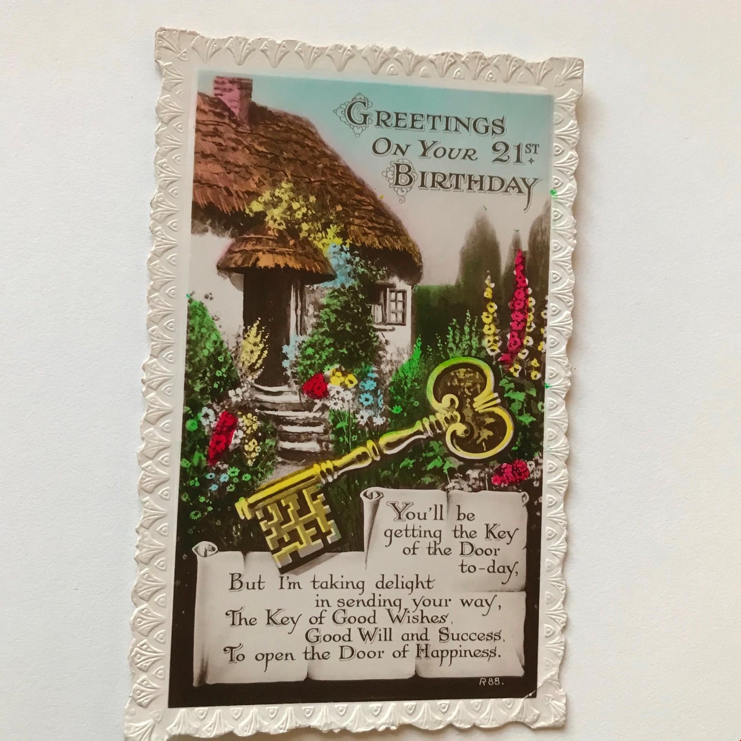 Vintage 21st BIRTHDAY Greetings Postcard RP tinted Cottage Key to the Door poem
