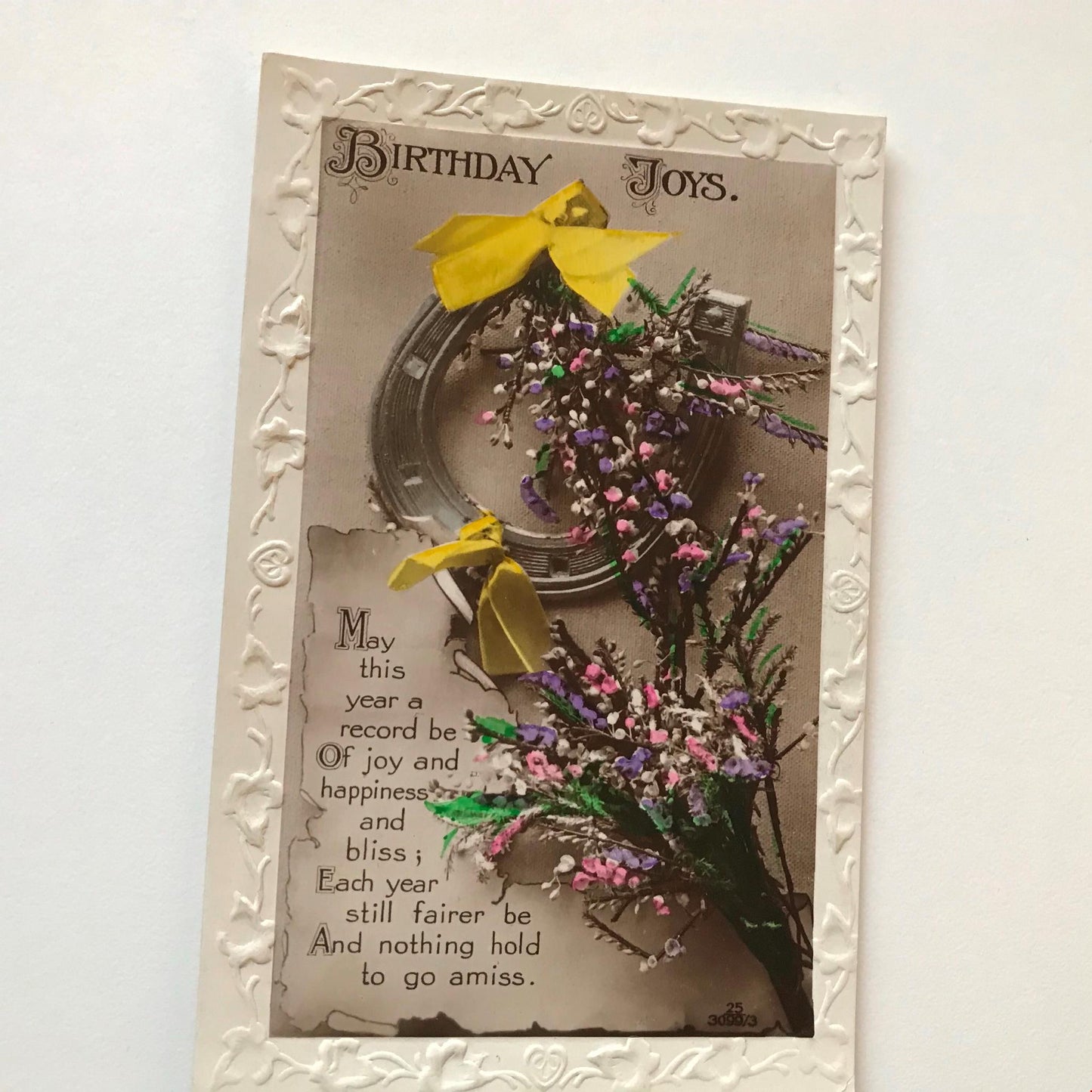 Vintage BIRTHDAY Greetings Postcard photo lucky horseshoe heather hand tinted