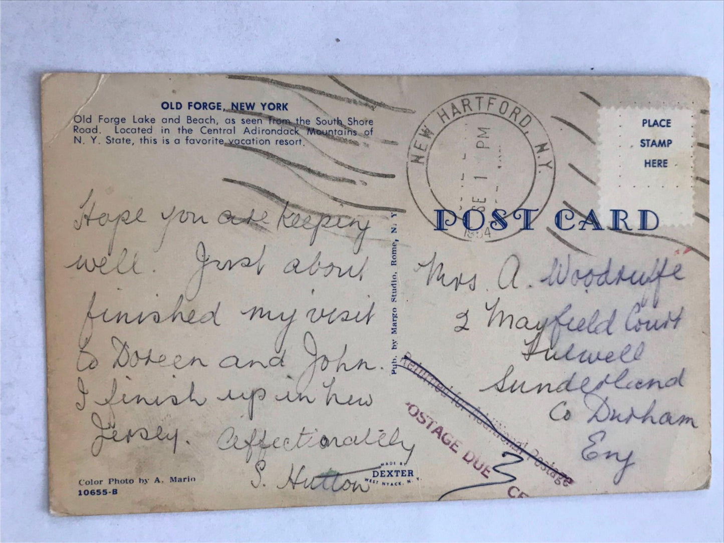 Vintage postcard OLD FORGE LAKE AND BEACH SOUTH SHORE ROAD ADIRONDACK MOUNTAINS