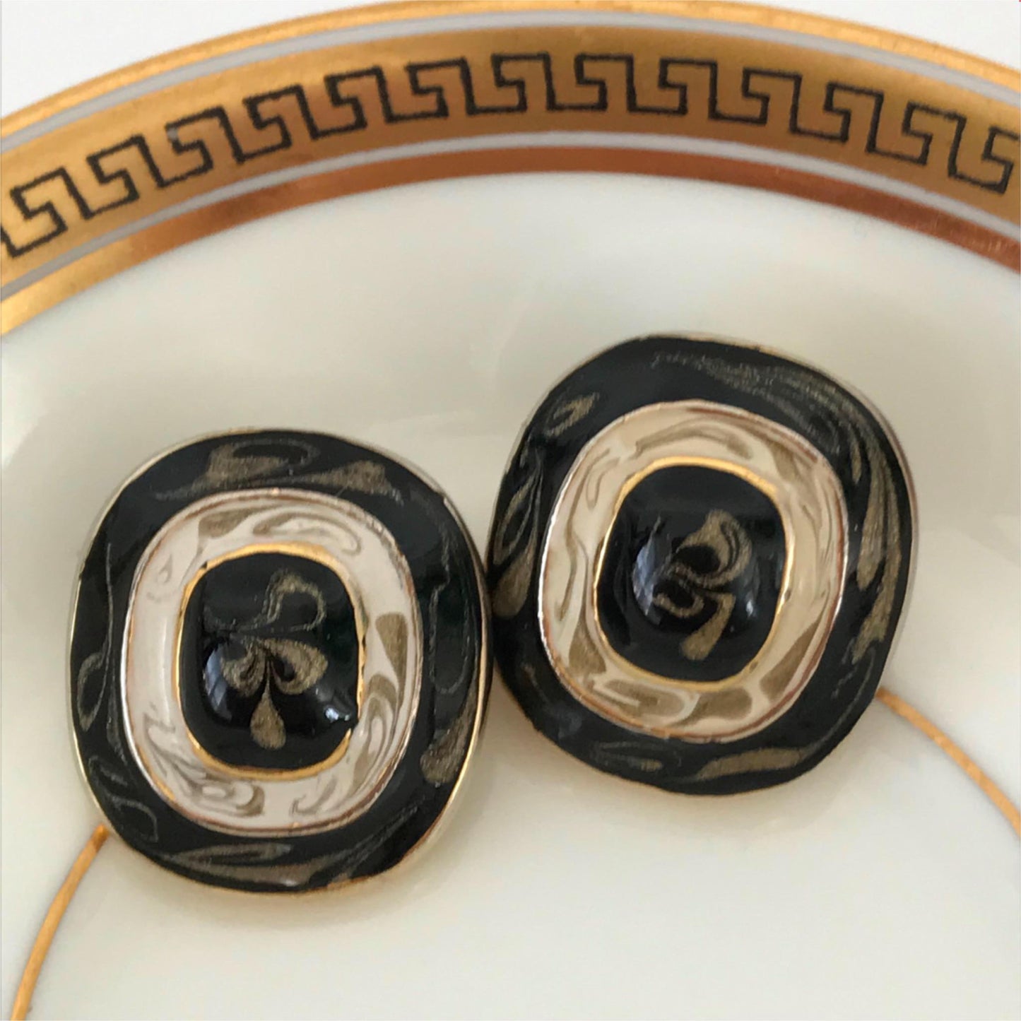 Vintage Clip-On Earrings - Statement - Gold colour with black & cream enamel - bold - chunky