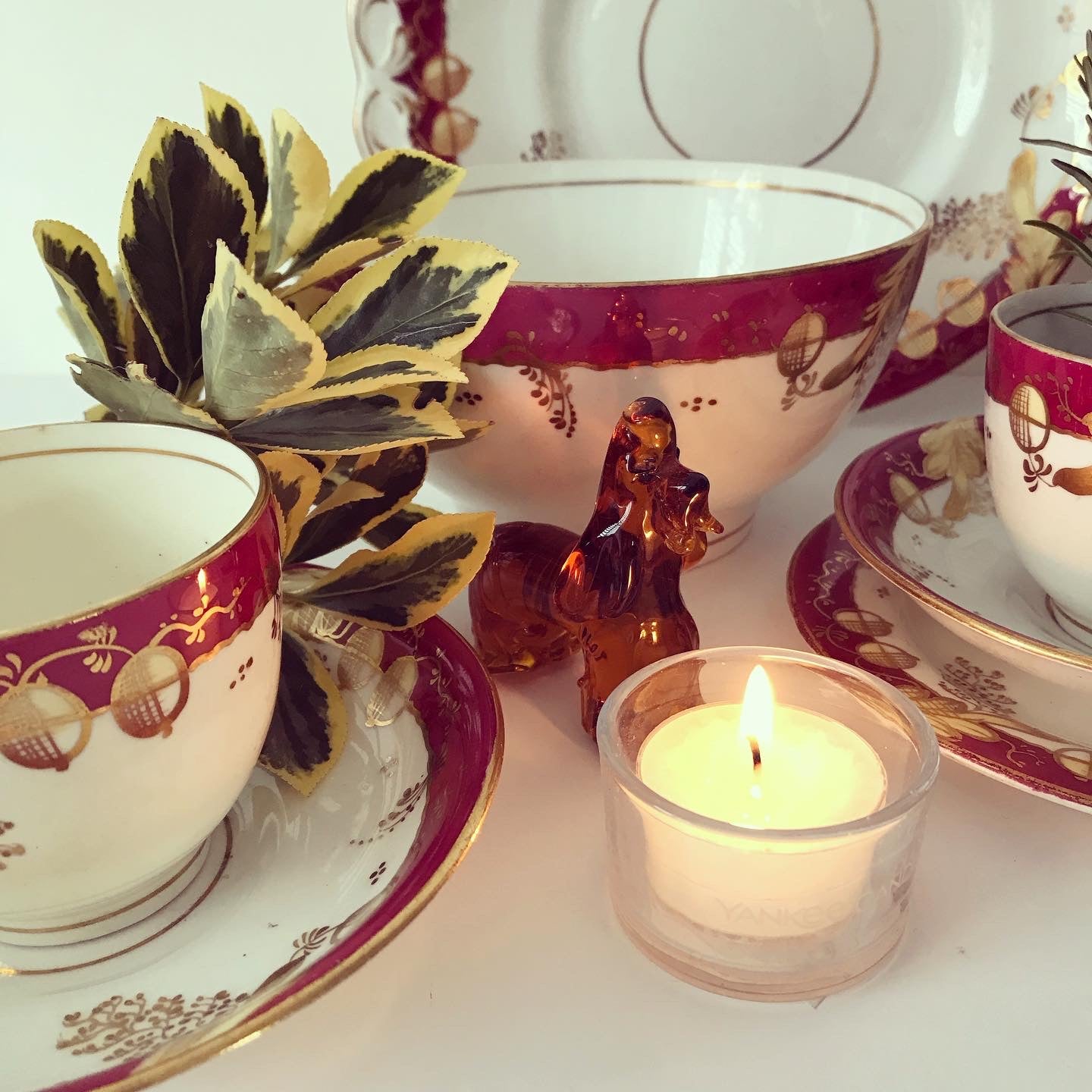 Festive bone china spare saucer, soap dish, Christmas deep pink & gold c.1920s