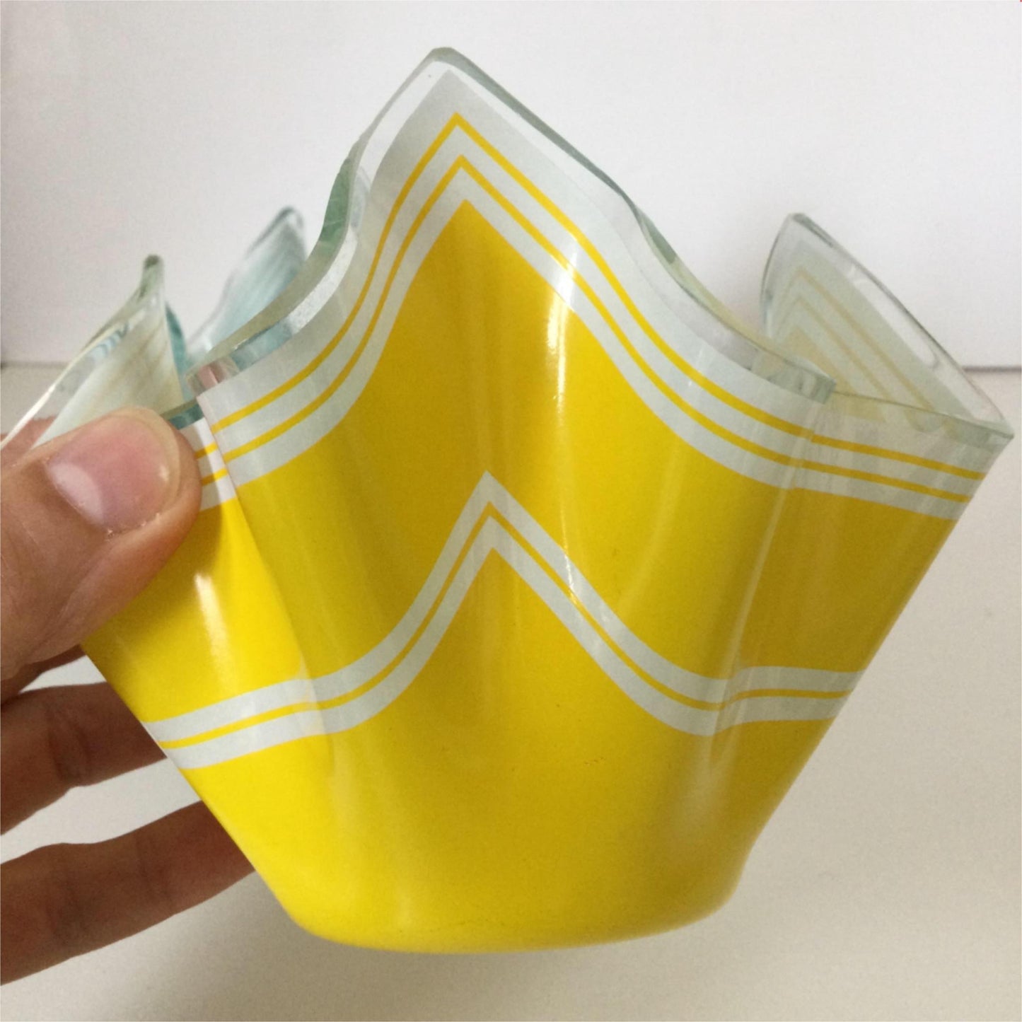 Pair of Vintage Yellow Aqua Green Chance Bros Glass Handkerchief Vases / bowls Bandel-2