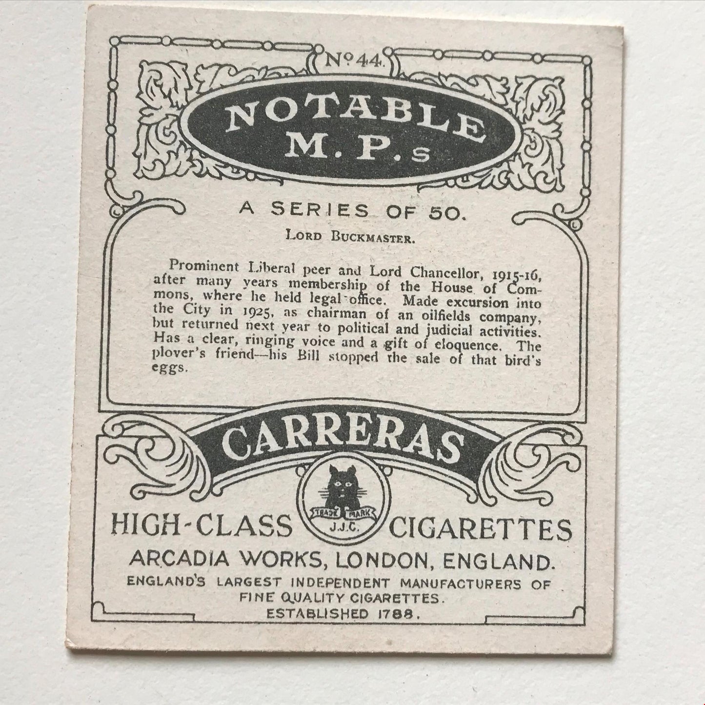 LORD BUCKMASTER. 1920s Carreras Cigarette Card NOTABLE MPS no44 Liberal. Plovers eggs.