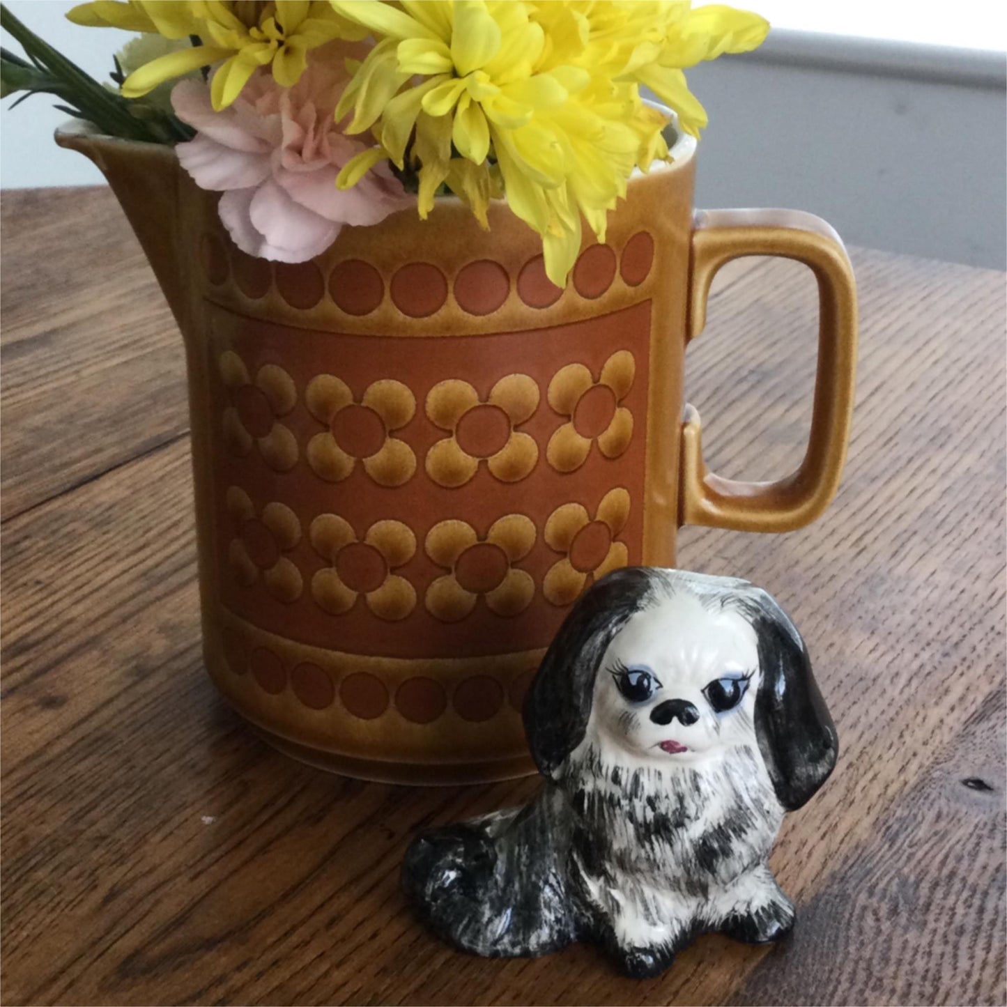 Cute Vintage black and white Pekingese dog retro kitsch pastel blue bow 7cm 50s 60s