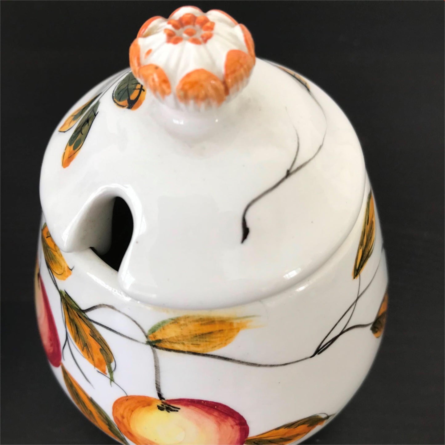 Vintage Italian ceramic pottery lidded jam pot. Apple design. Retro, painted Rustic