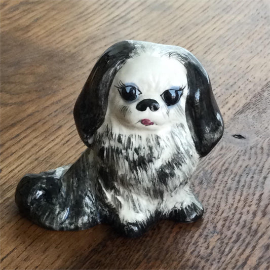 Cute Vintage black and white Pekingese dog retro kitsch pastel blue bow 7cm 50s 60s