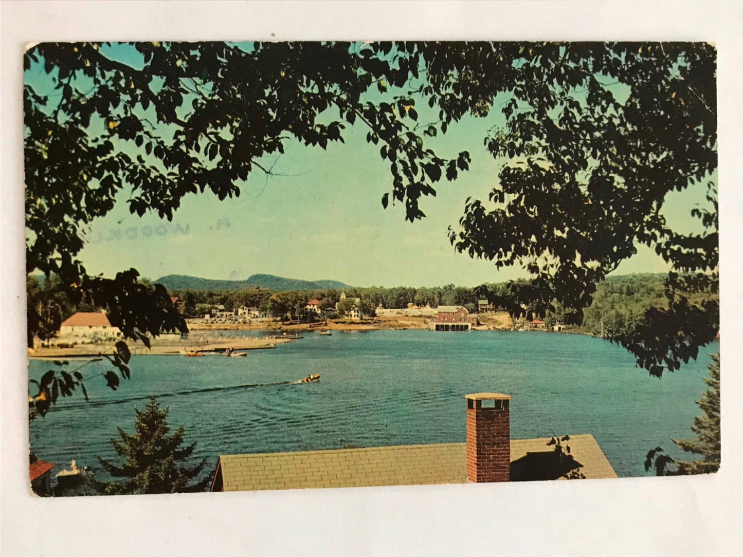Vintage postcard OLD FORGE LAKE AND BEACH SOUTH SHORE ROAD ADIRONDACK MOUNTAINS