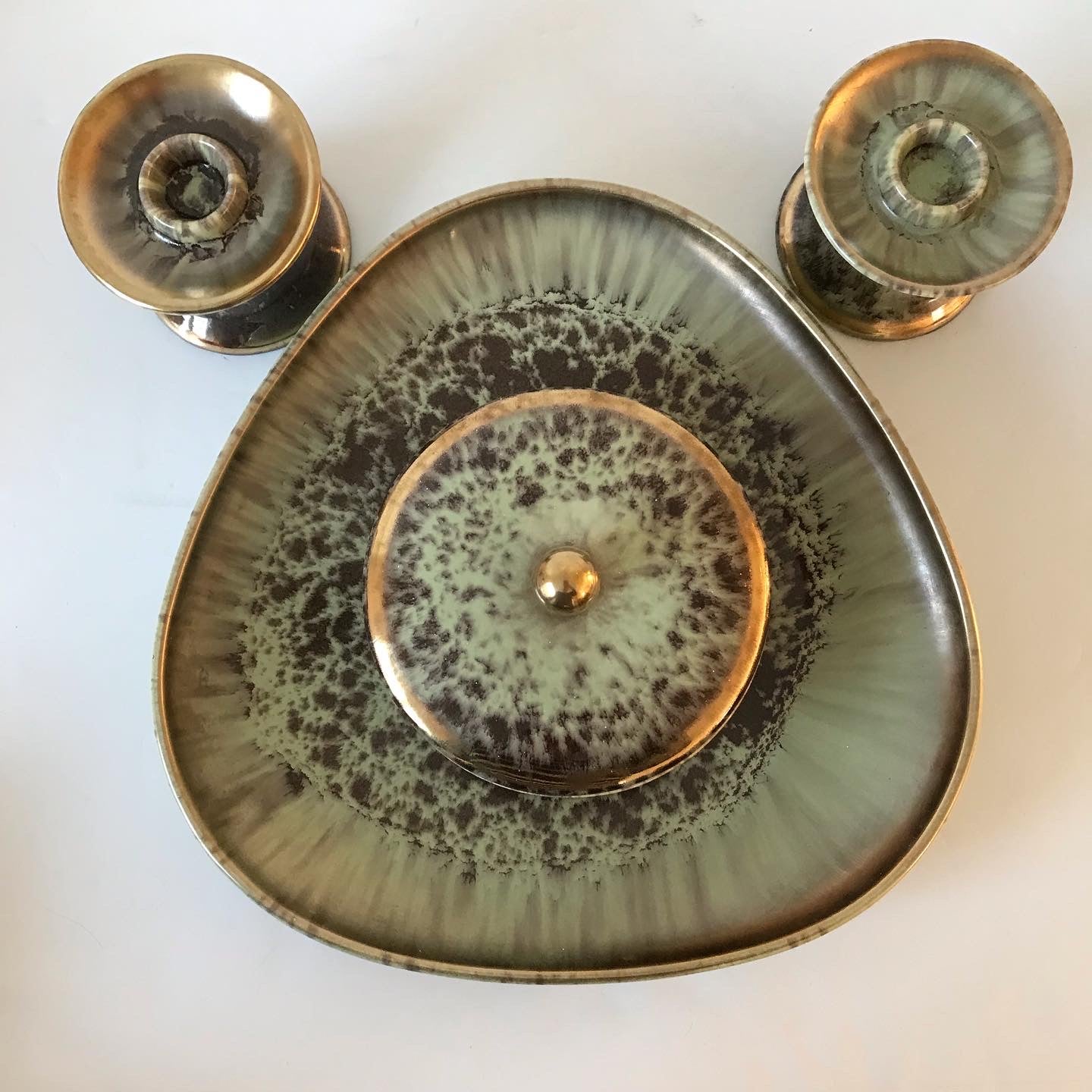 West German mid century 1950s vanity set JASBA tray, trinket dish, candle sticks for dressing table