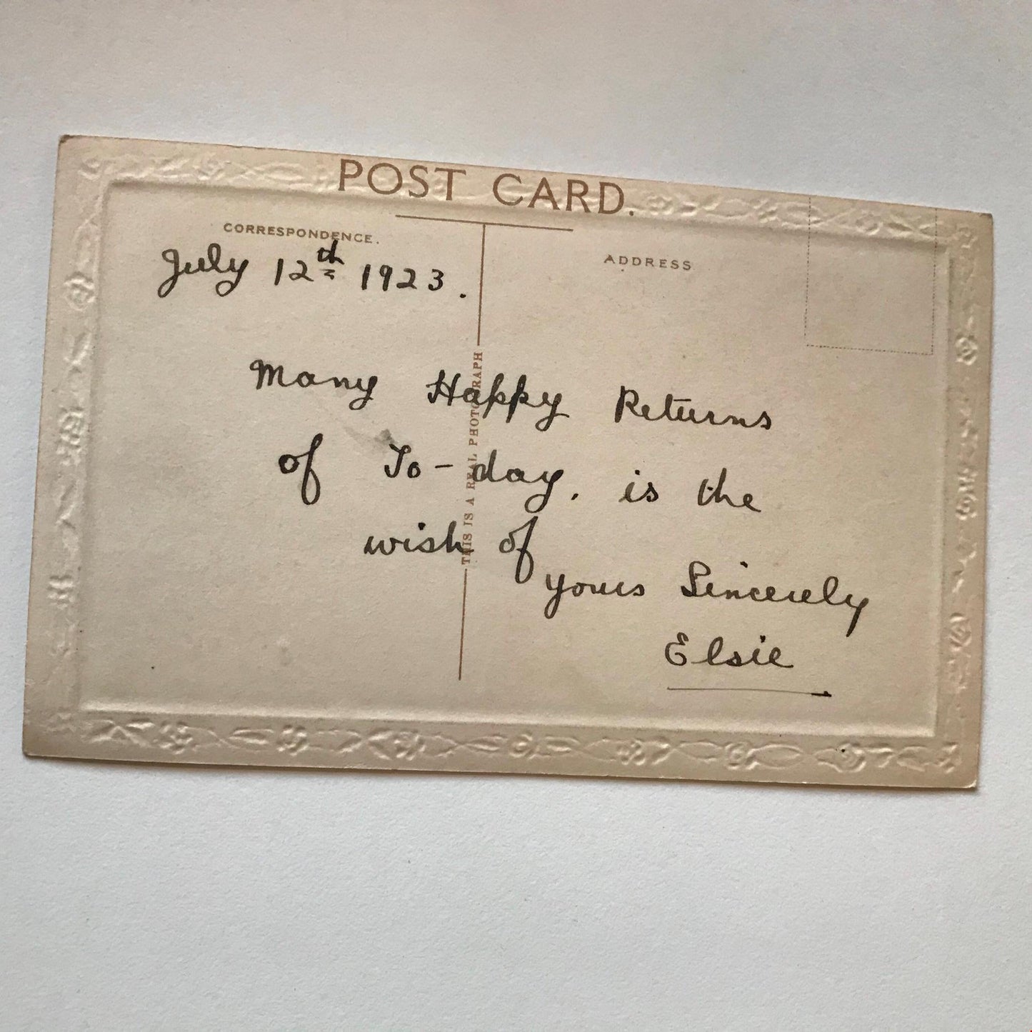 Vintage BIRTHDAY Greetings Postcard 1923 1920s pretty flowers, lake scene, poem