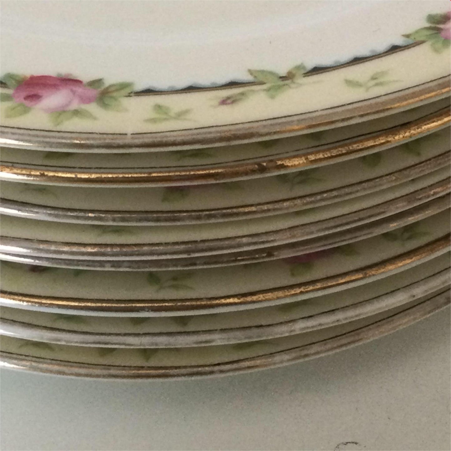 Set of 8 Vintage 18cm side plates Aynsley pink rose design yellow band A 3852