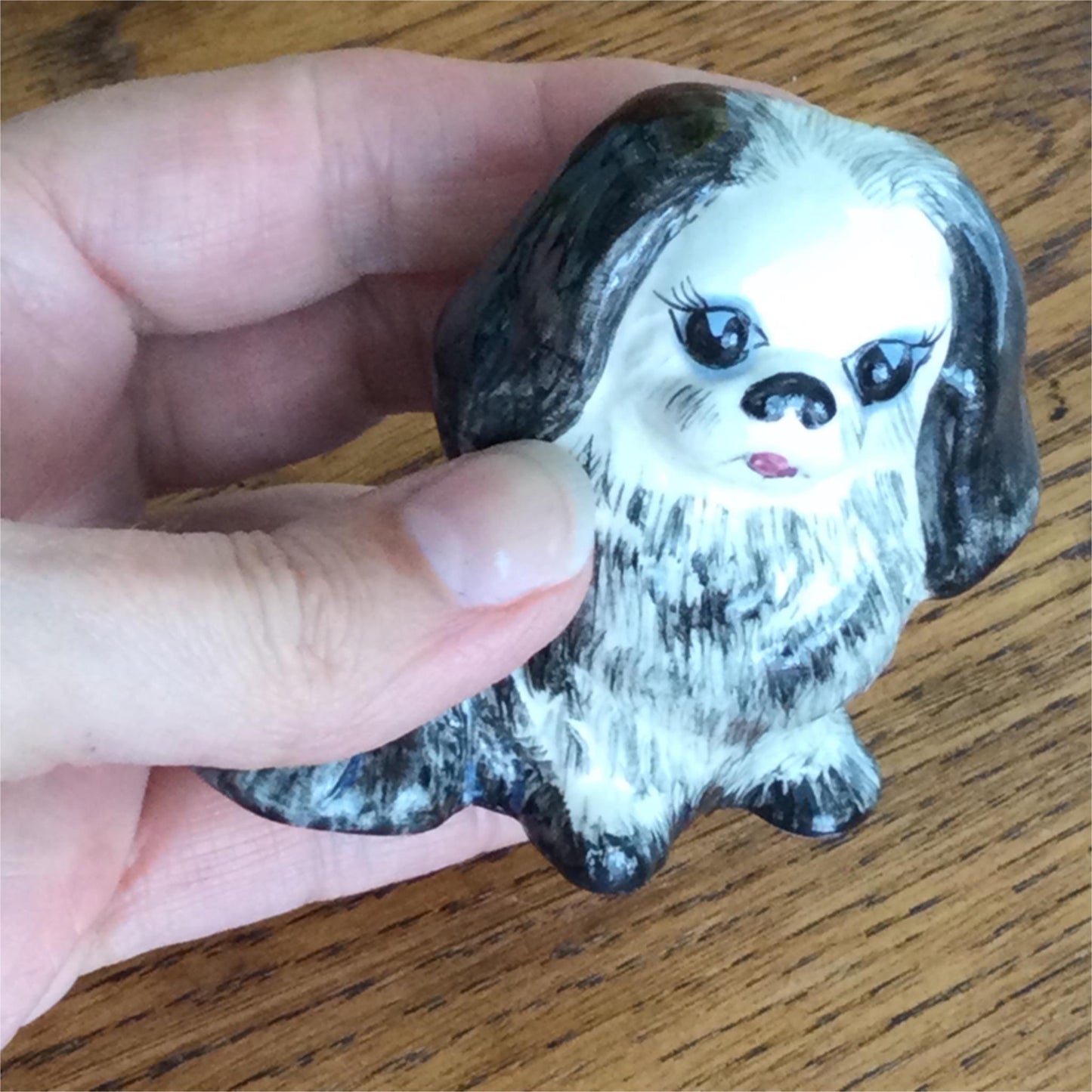 Cute Vintage black and white Pekingese dog retro kitsch pastel blue bow 7cm 50s 60s
