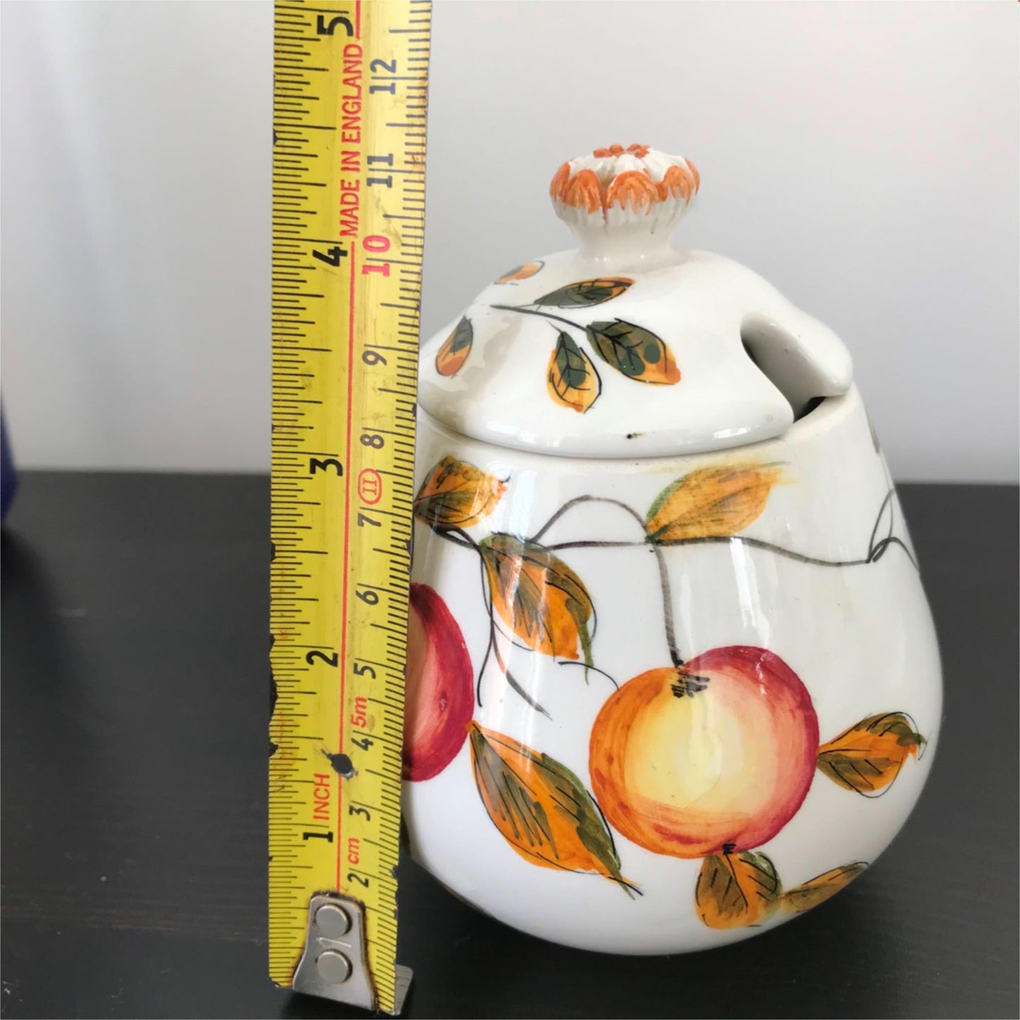 Vintage Italian ceramic pottery lidded jam pot. Apple design. Retro, painted Rustic