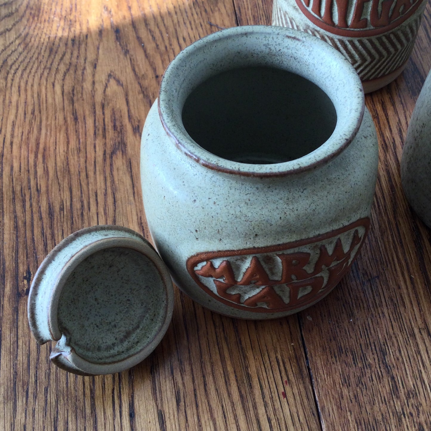 Set of 3 retro POTTERY storage jars jugs pots VINEGAR MARMALADE JAM KITCHEN