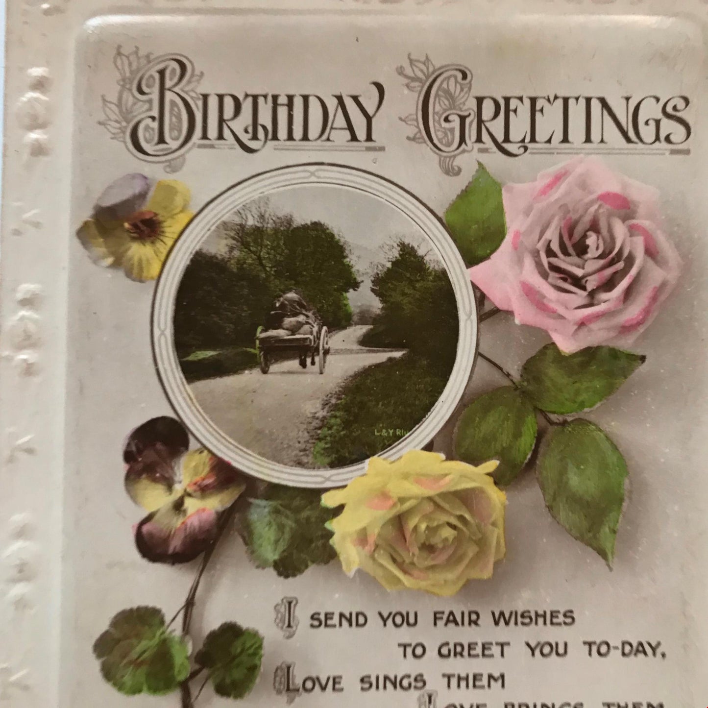 Vintage BIRTHDAY Greetings Postcard photo horse and cart flowers nice poem