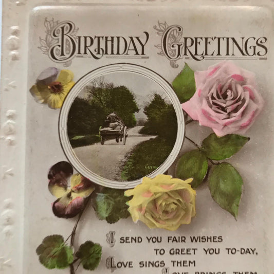 Vintage BIRTHDAY Greetings Postcard photo horse and cart flowers nice poem