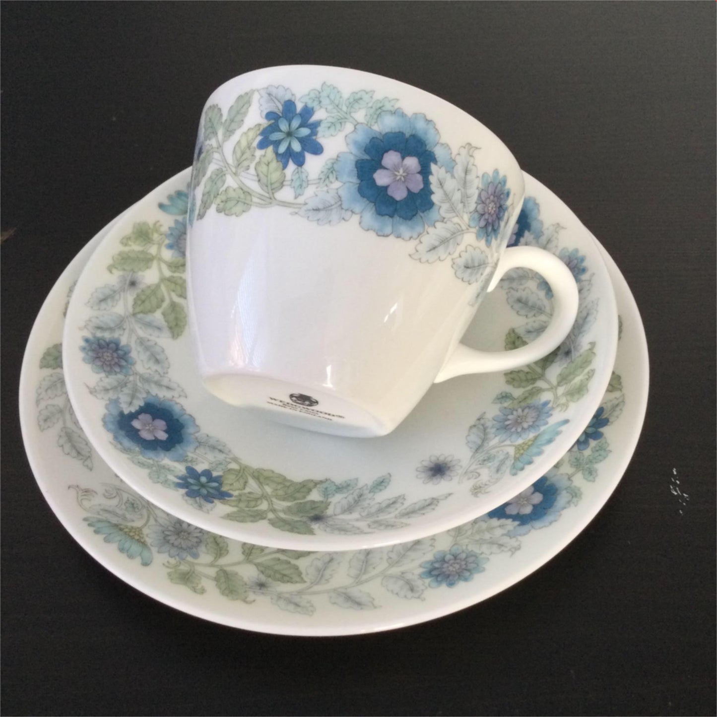 Tea Cup, Saucer & Plate trio 1970s 1980s Wedgwood Clementine blue white lilac green