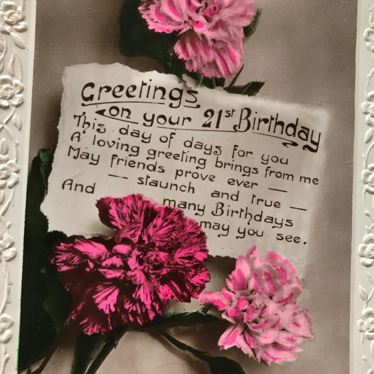 Vintage 21st BIRTHDAY Greetings Postcard RP tinted carnations nice poem Friends