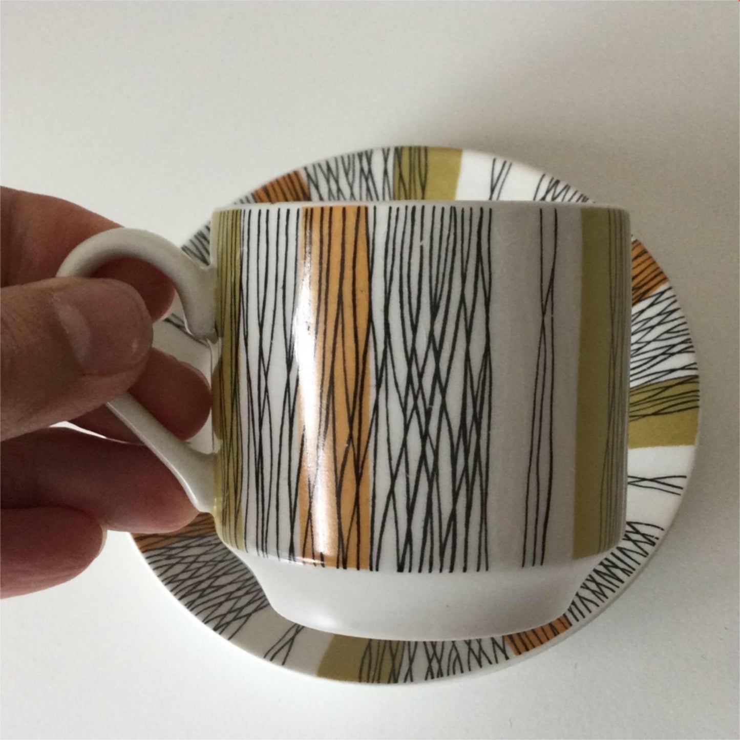 Espresso cup & saucer - retro 60s 70s - Midwinter Sienna - Khaki Orange Black Stripes