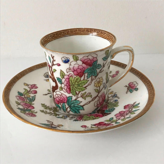 Vintage GEO FLEET Espresso Size China Cup And Saucer. INDIAN TREE DESIGN FLORAL. Pink and green chinese style pattern