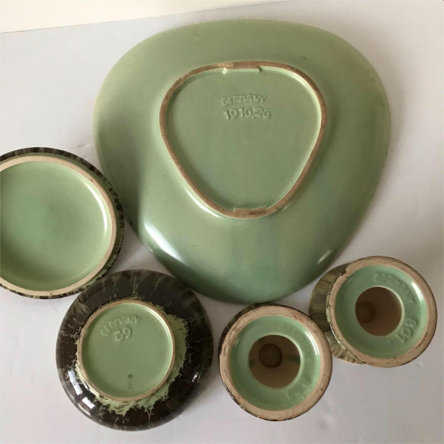 West German mid century 1950s vanity set JASBA tray, trinket dish, candle sticks for dressing table