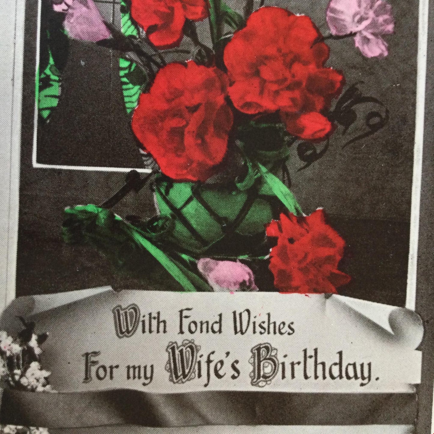 Vintage BIRTHDAY Greetings Postcard FOR MY WIFE’S BIRTHDAY Carnations flowers