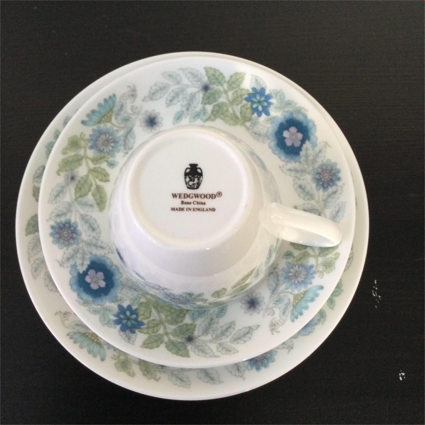 Tea Cup, Saucer & Plate trio 1970s 1980s Wedgwood Clementine blue white lilac green