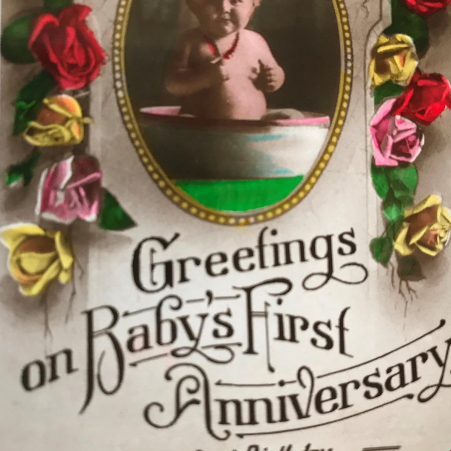Vintage BABY'S FIRST BIRTHDAY ANNIVERSARY Greetings Postcard RP Baby roses 1927