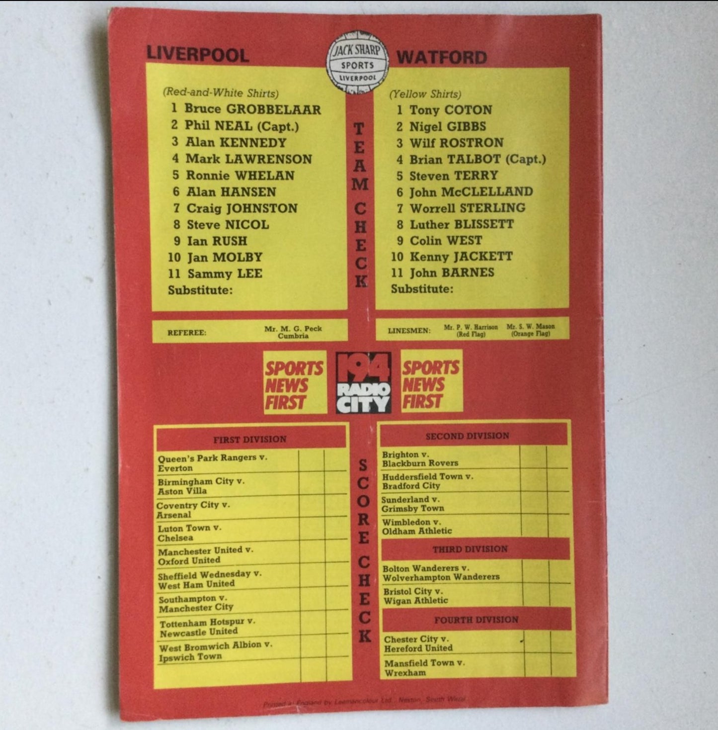 Vintage LIVERPOOL v Watford football programme - Sep 1985 - Lee - Grobbelaar - Neal - Rush