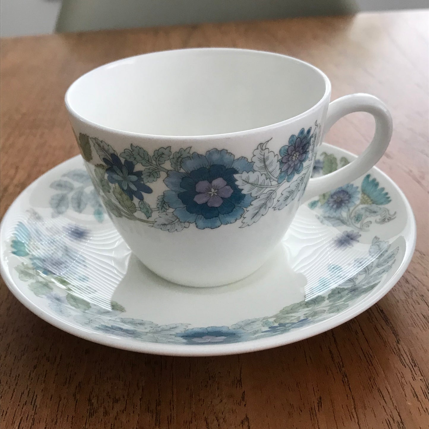 Wedgwood Clementine Tea Cup and Saucer Blue white floral 1970s retro