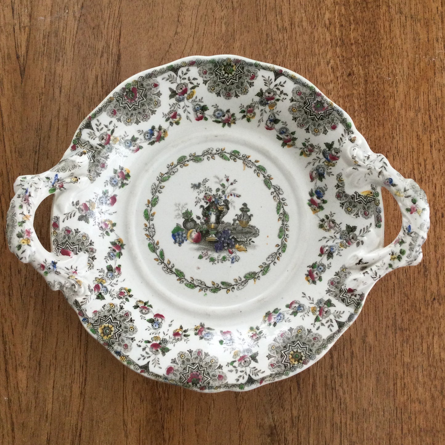Antique Victorian Dish /Plate with twin lug handles fruit and flower design staffs c1835. English china.
