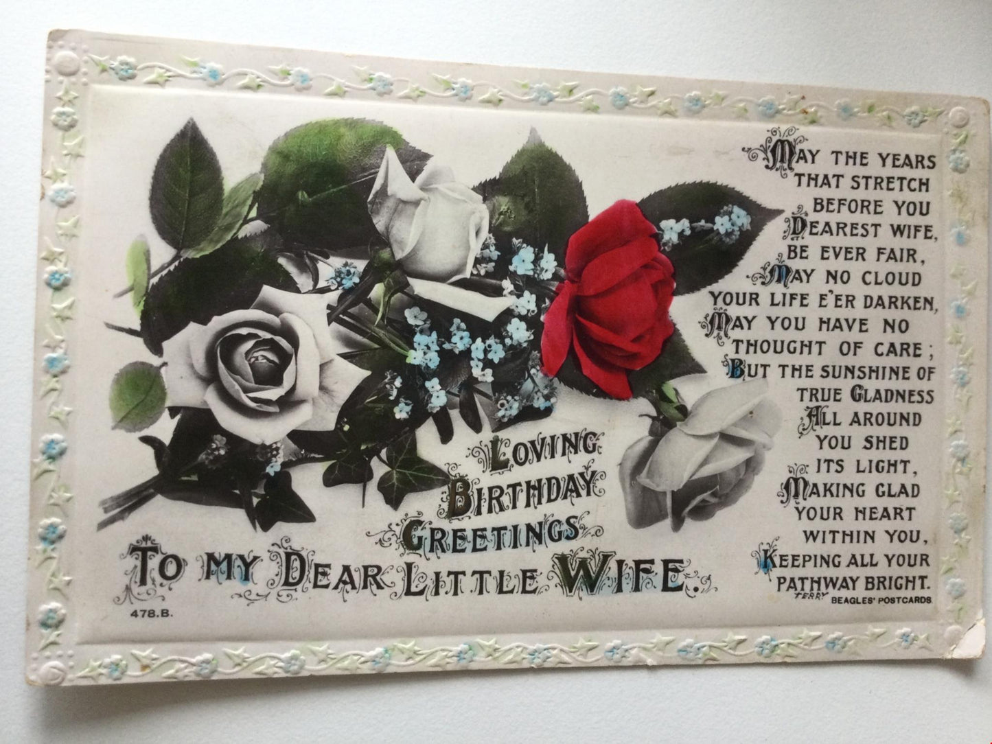 Vintage BIRTHDAY Greetings Postcard TO MY DEAR LITTLE WIFE Roses lovely Poem