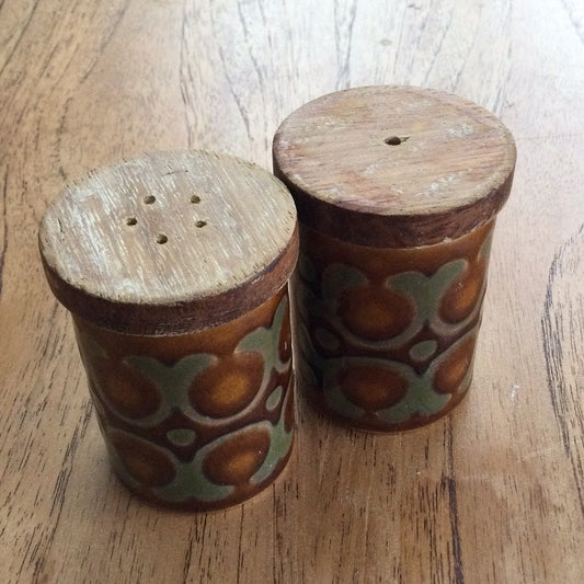 Hornsea Bronte Salt and Pepper Pots. Retro 1970s condiments. Brown. Retro vintage 1978 wooden stoppers