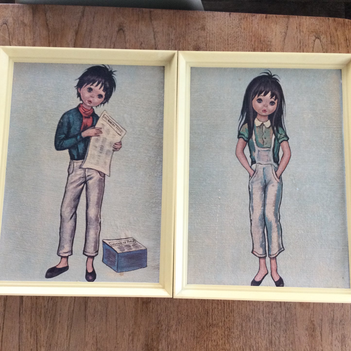 Pair of vintage Ozz Franca style Big Eyes girl and boy pictures / prints. 1960s retro kitsch wall art