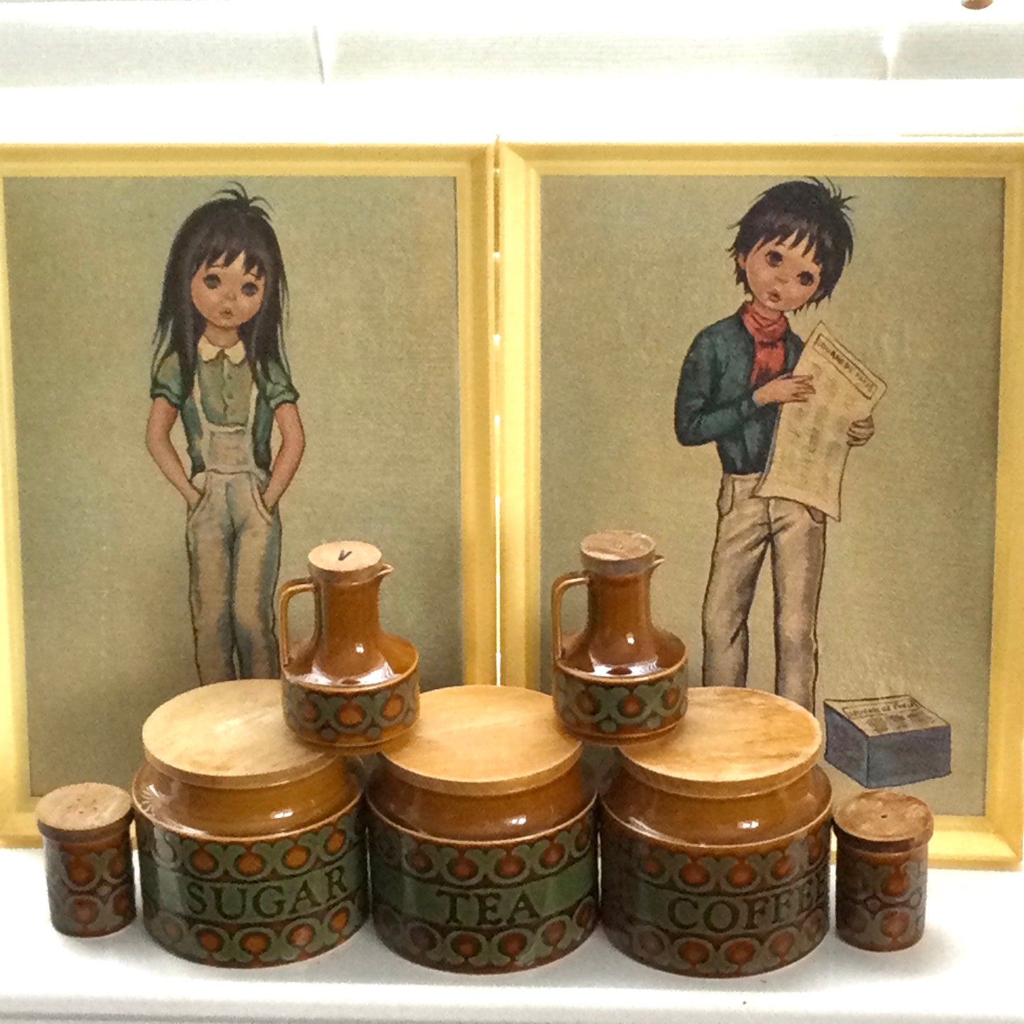 Pair of vintage Ozz Franca style Big Eyes girl and boy pictures / prints. 1960s retro kitsch wall art