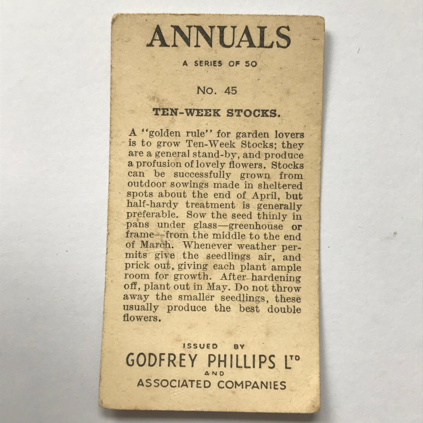 Godfrey Phillips Cigarette Card - ANNUALS - No. 45 TEN WEEK STOCKS - 1930s 1939