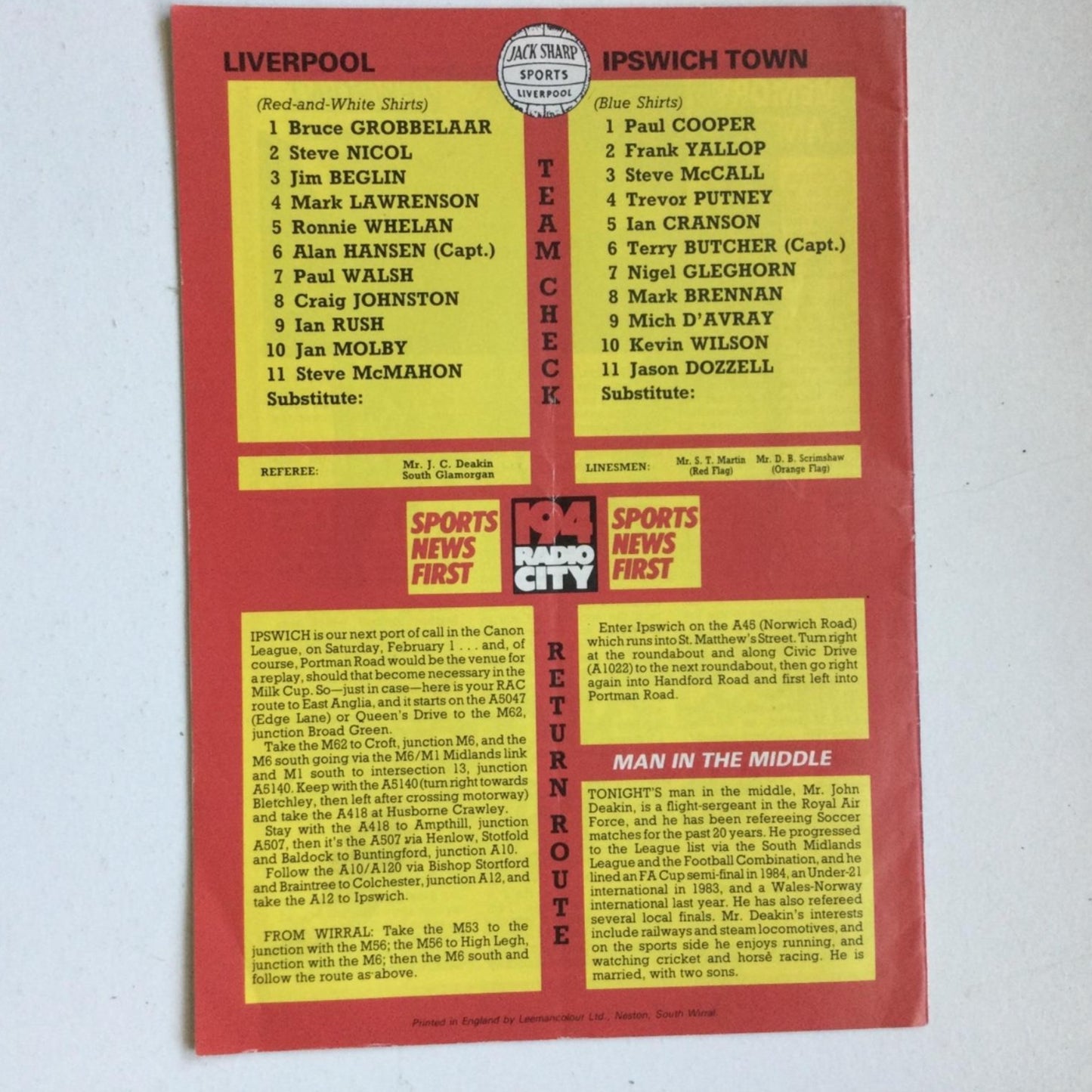 Vintage LIVERPOOL V Ipswich Town football programme - JAN 1986 - Grobbelaar - Nicol - Beglin