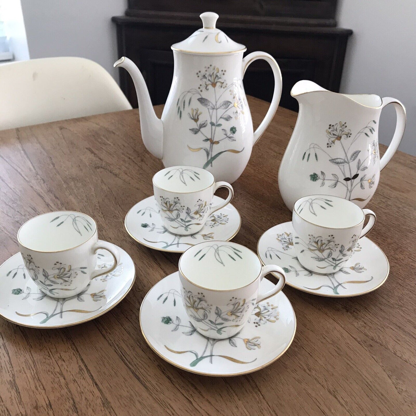 Wedgwood Honeysuckle Grey Coffee Espresso Set Pot Jug 4 x Cups & Saucers 50s