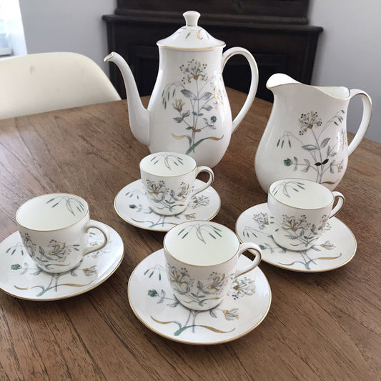 Wedgwood Honeysuckle Grey - Coffee / Espresso Set - Pot, Jug, 4 x Cups & Saucers - 1950s