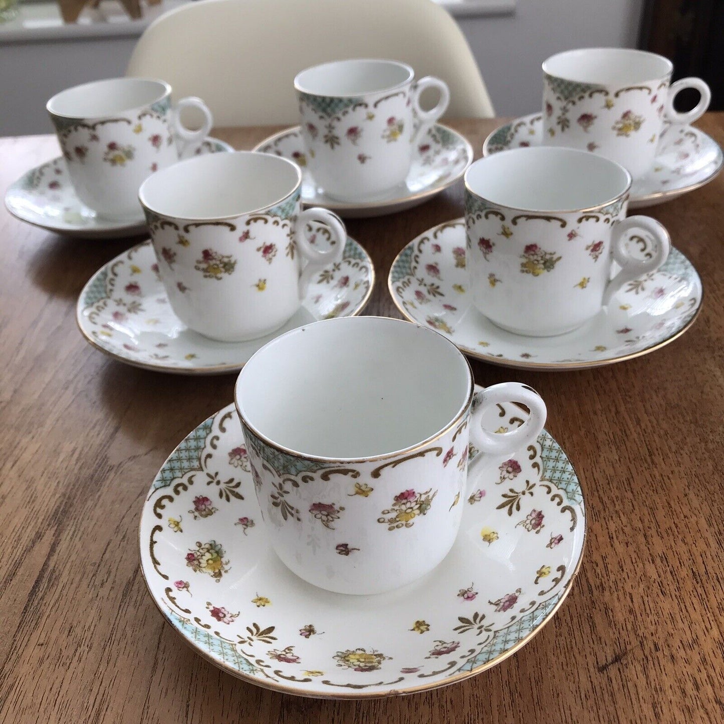 Pretty Vintage Floral Demitasse Cups & Saucers - Set Of 6 Atlas China / Grimwades - Pink Blue - 1930s