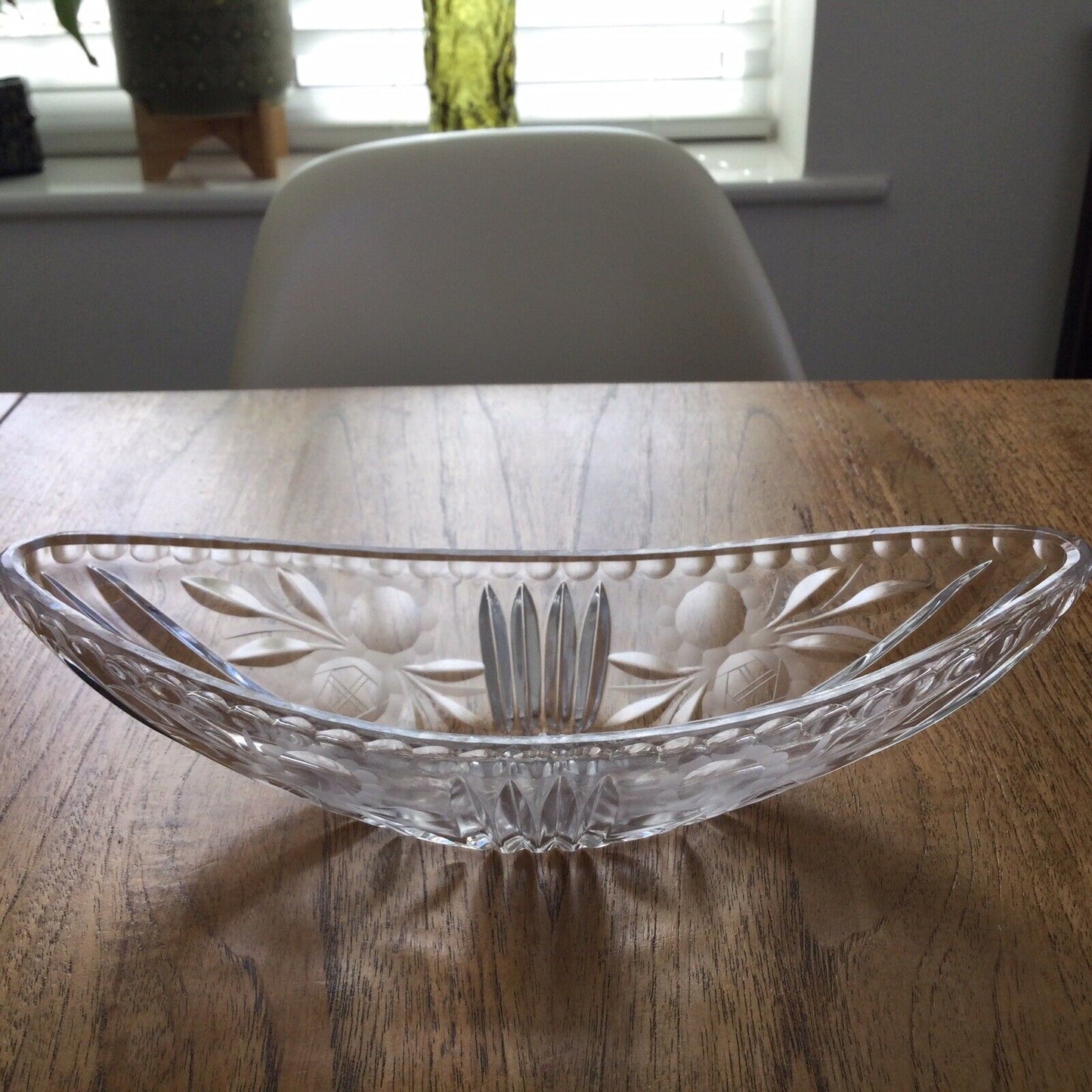 Vintage Etched Glass Mantle Vase / Flower Bowl / Basket - Narrow 27x10cm - Retro Deco