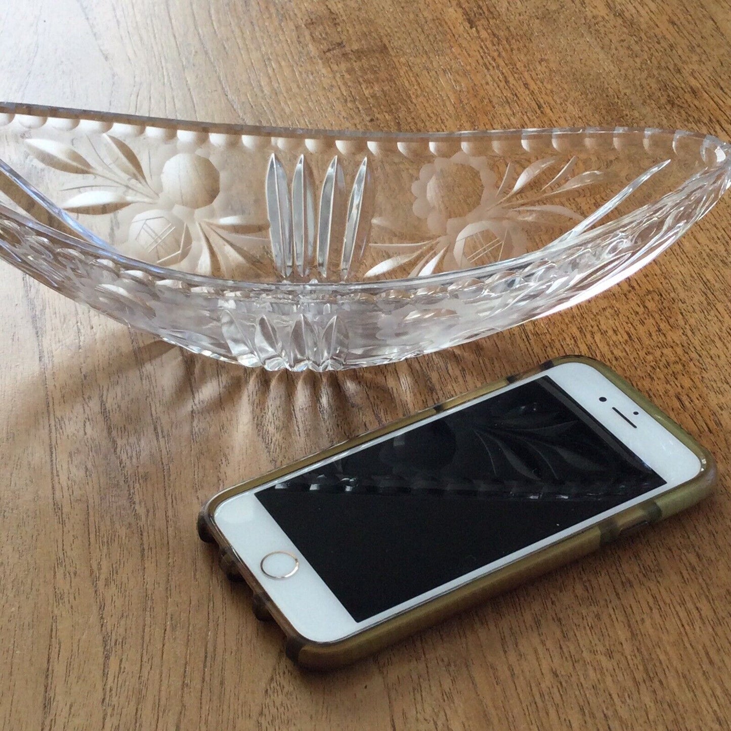 Vintage Etched Glass Mantle Vase / Flower Bowl / Basket - Narrow 27x10cm - Retro Deco