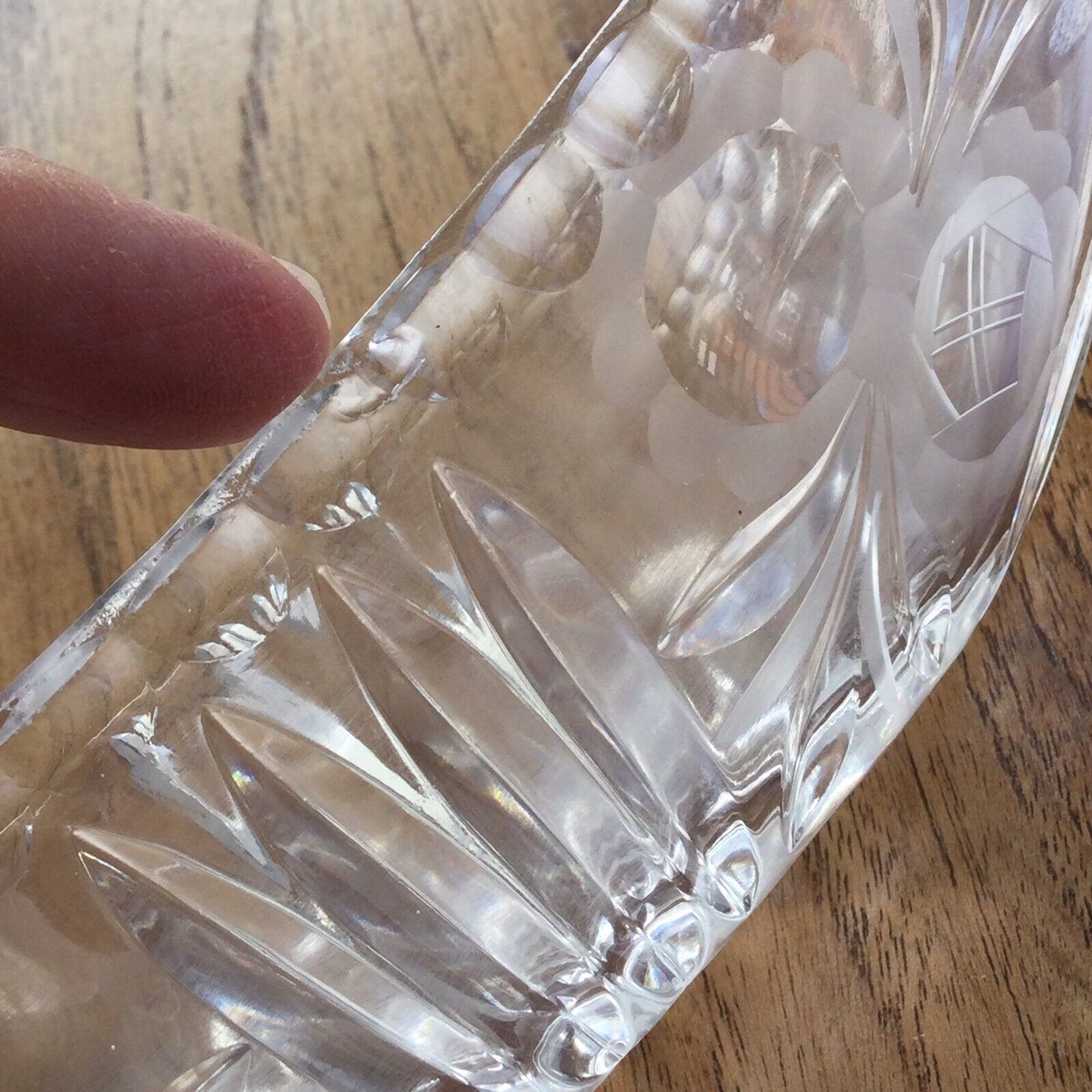 Vintage Etched Glass Mantle Vase / Flower Bowl / Basket - Narrow 27x10cm - Retro Deco